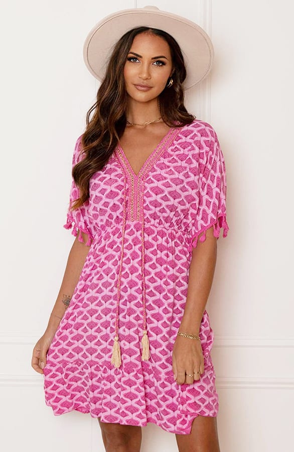V-hals Lurex Jurk Print Maris Fuchsia – shoparchief
