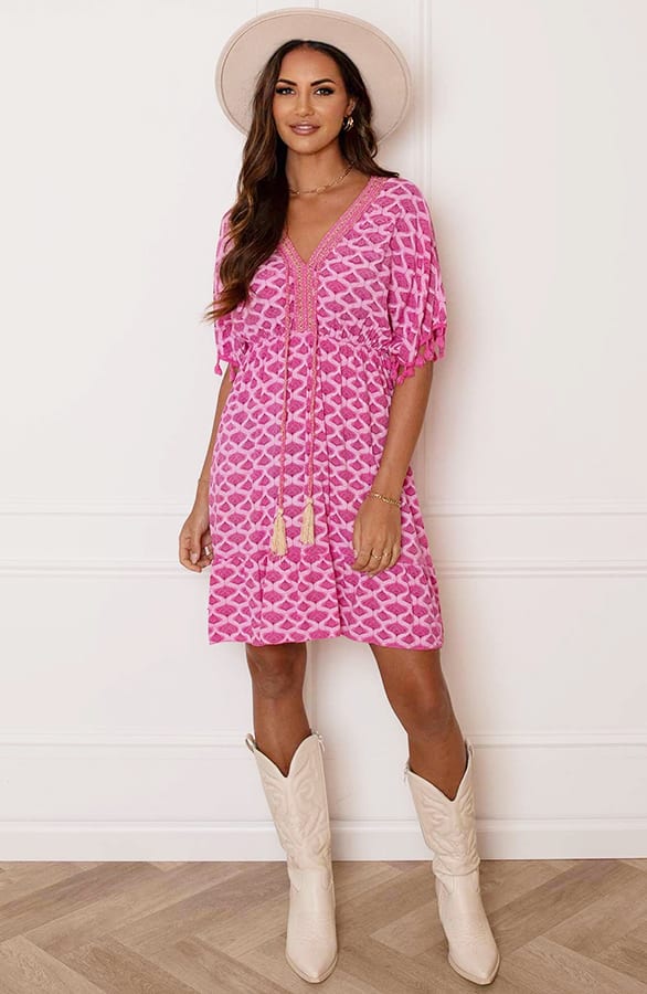 V-hals Lurex Jurk Print Maris Fuchsia – shoparchief — foto 8