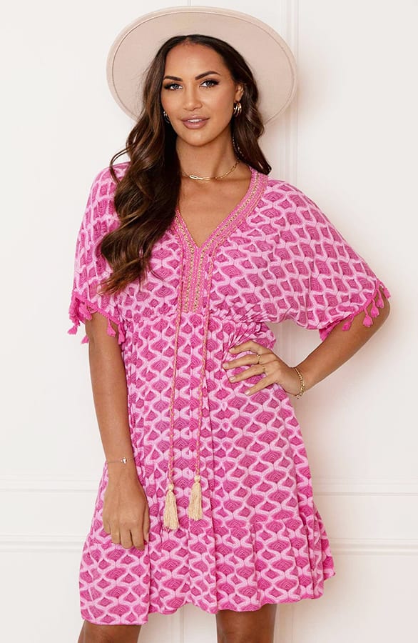 V-hals Lurex Jurk Print Maris Fuchsia – shoparchief — foto 2