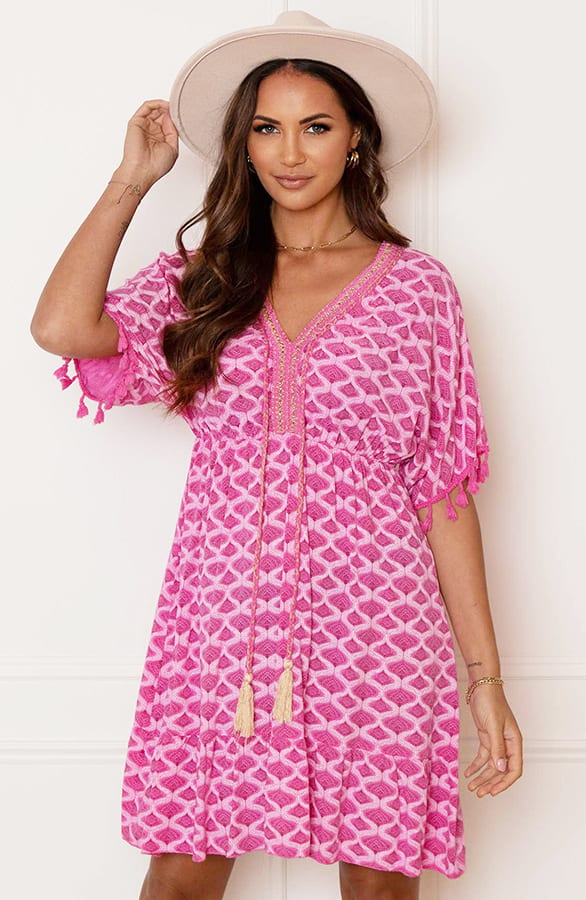 V-hals Lurex Jurk Print Maris Fuchsia – shoparchief — foto 3