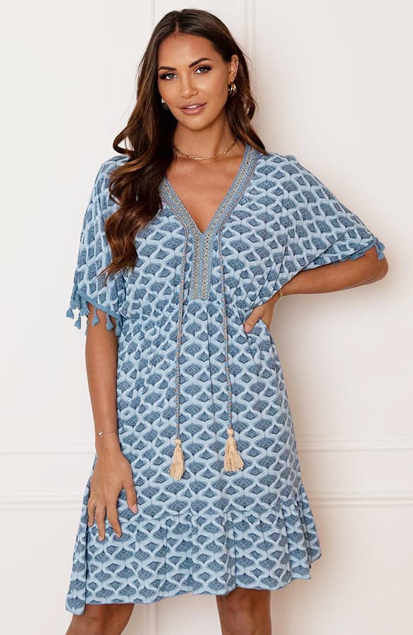 V-hals Lurex Jurk Print Maris Jeansblauw – shoparchief