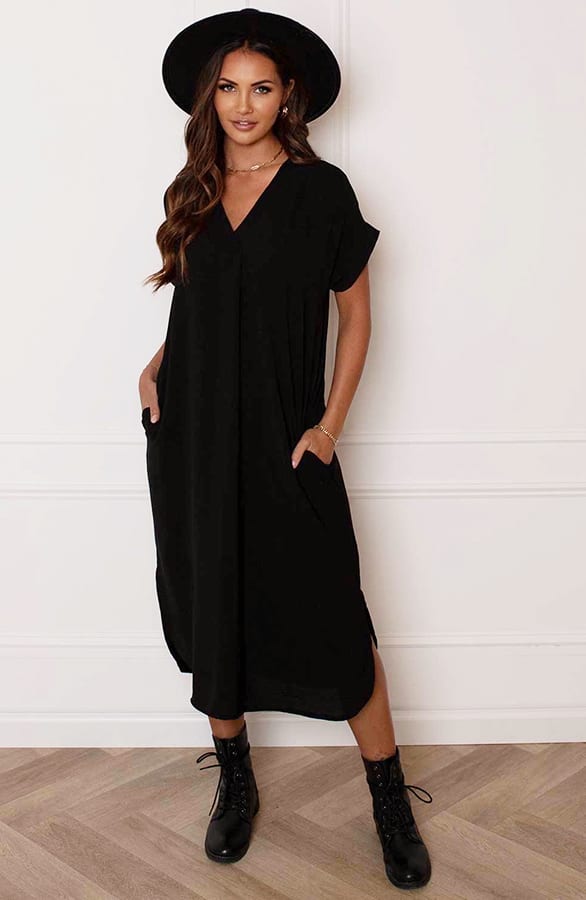 V-hals Midi Jurk Lilly Zwart – shoparchief — foto 6