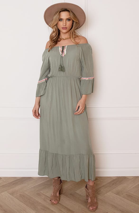 Maxi Offshoulder Jurk Laila Army – shoparchief