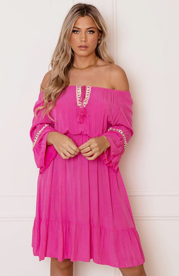 Offshoulder Jurk Laila Fuchsia – shoparchief — foto 7