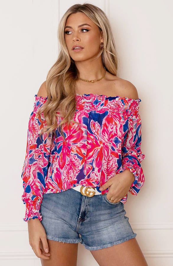 Smocked Offshoulder Bloemen Blouse Nena Roze Kobalt – shoparchief — foto 3