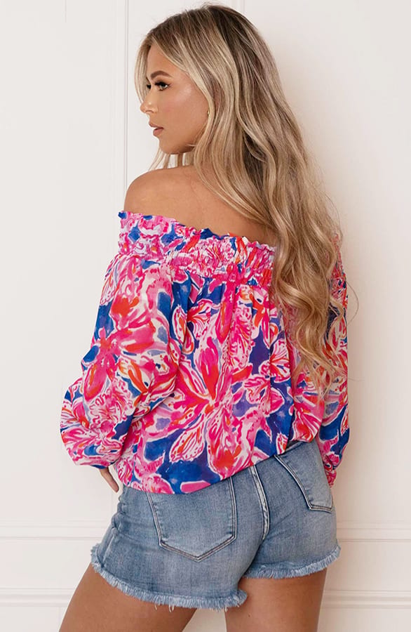 Smocked Offshoulder Bloemen Blouse Nena Roze Kobalt – shoparchief — foto 5