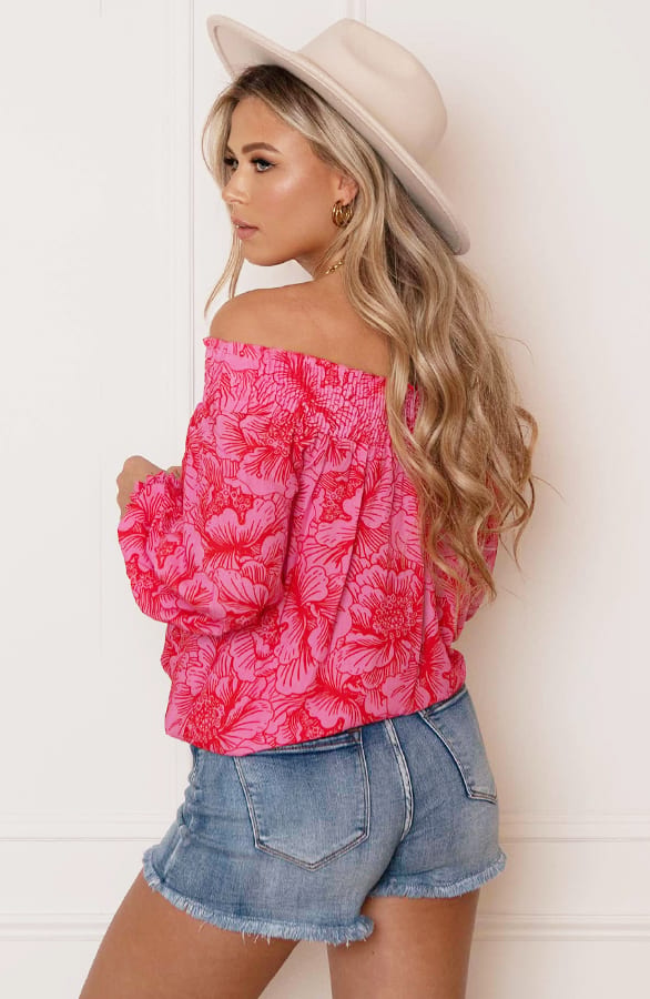 Smocked Offshoulder Bloemen Blouse Nena Roze Rood – shoparchief — foto 5