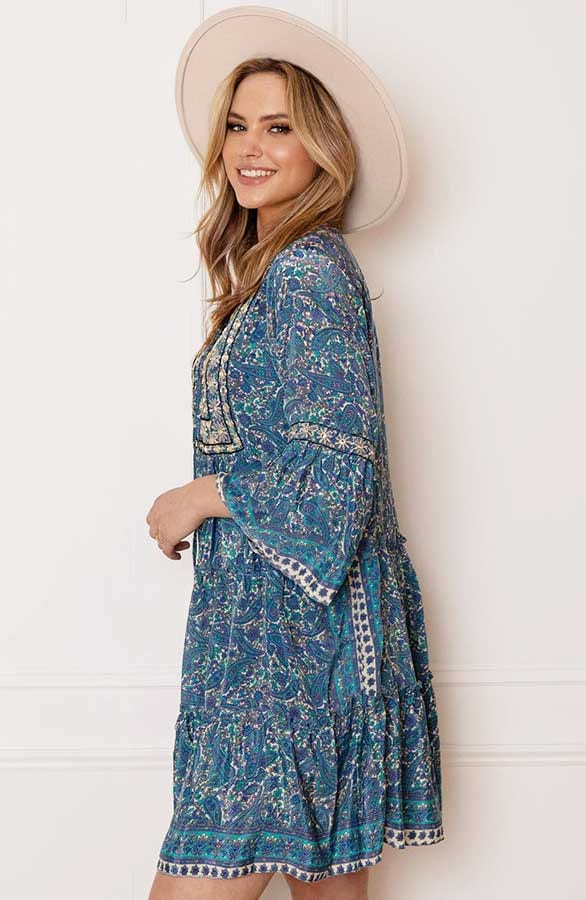 V-hals Detailed Paisley Jurk Dilara Blauw – shoparchief — foto 4