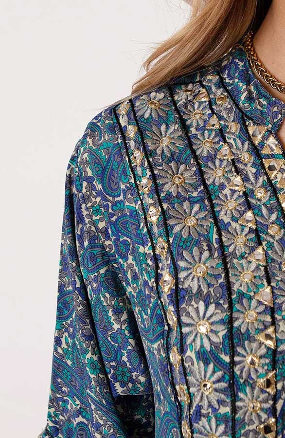 V-hals Detailed Paisley Jurk Dilara Blauw – shoparchief — foto 6