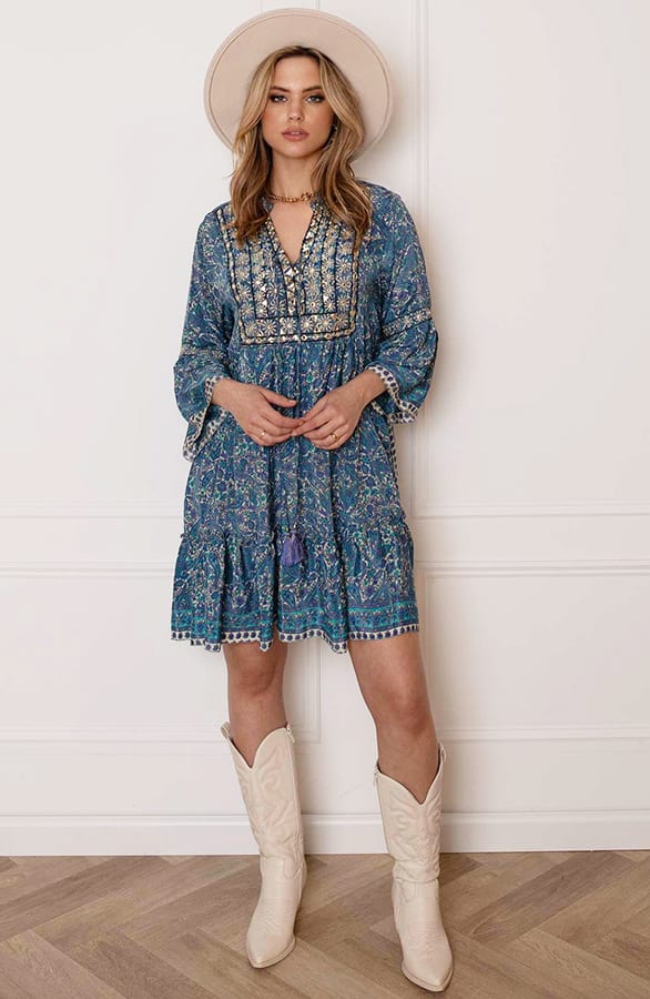 V-hals Detailed Paisley Jurk Dilara Blauw – shoparchief