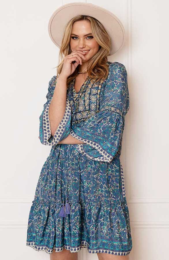 V-hals Detailed Paisley Jurk Dilara Blauw – shoparchief — foto 3