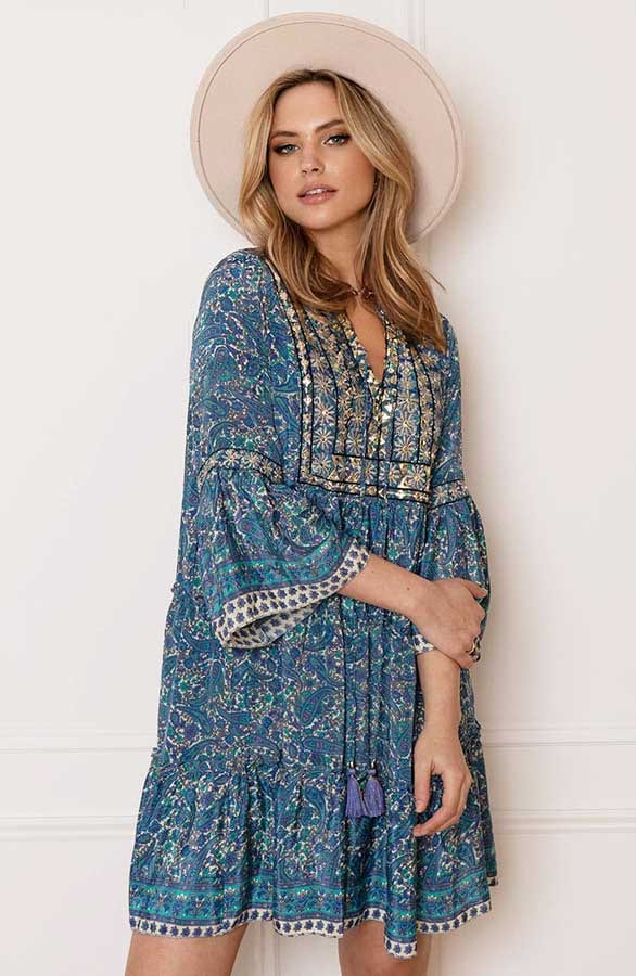 V-hals Detailed Paisley Jurk Dilara Blauw – shoparchief — foto 2
