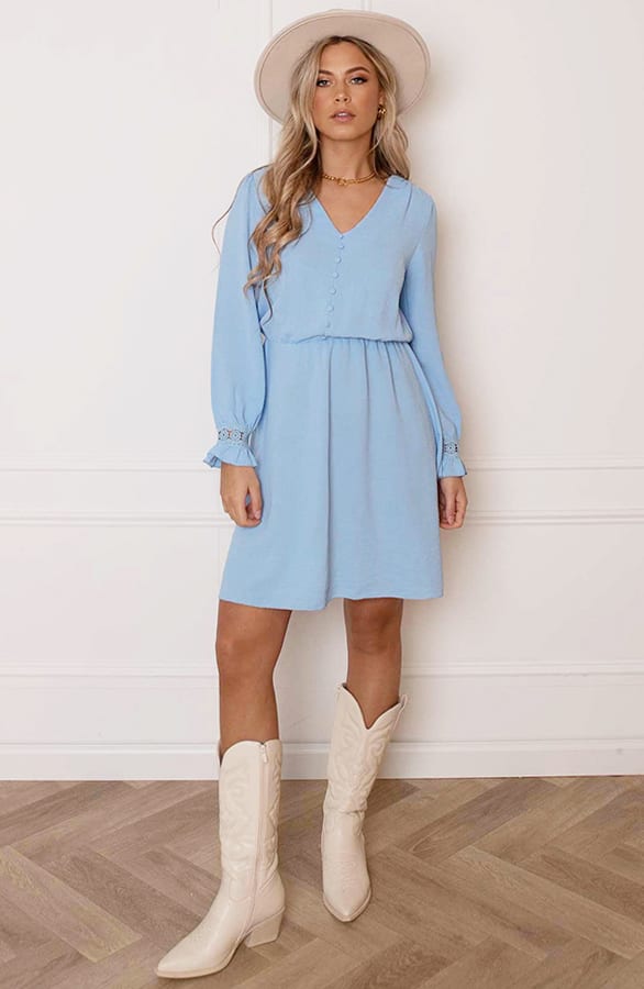 V-hals Knopen Jurk Emmy Babyblauw – shoparchief — foto 13