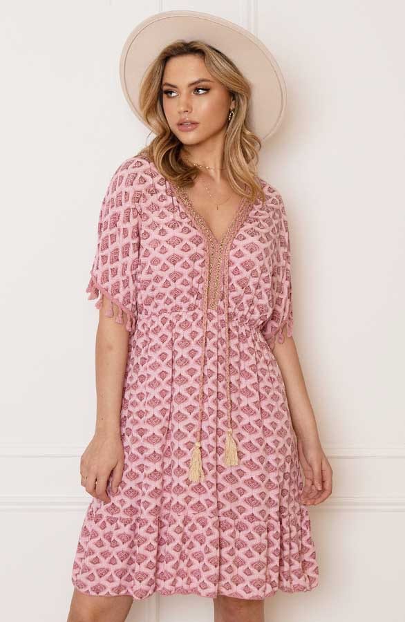 V-hals Lurex Jurk Print Maris Dust Pink – shoparchief