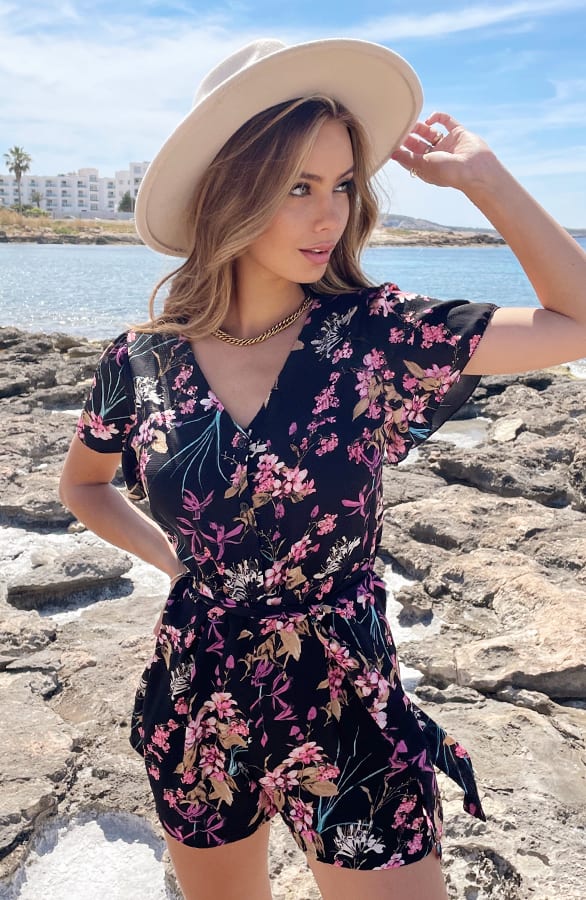 Floral Print Playsuit Sarina Roze Zwart – shoparchief