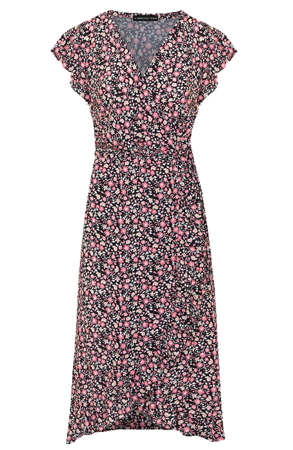 Midi Jurk Bloemenprint Jenny Zwart Koraal – shoparchief — foto 6