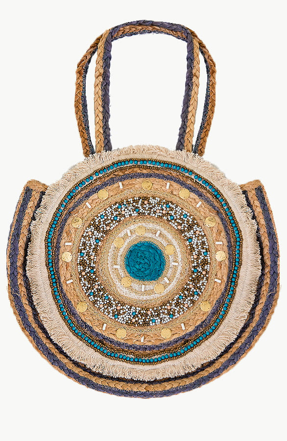 Ronde Boho Tas Lyra Beige Turquoise – shoparchief