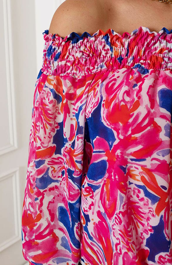 Smocked Offshoulder Bloemen Blouse Nena Roze Kobalt – shoparchief — foto 6