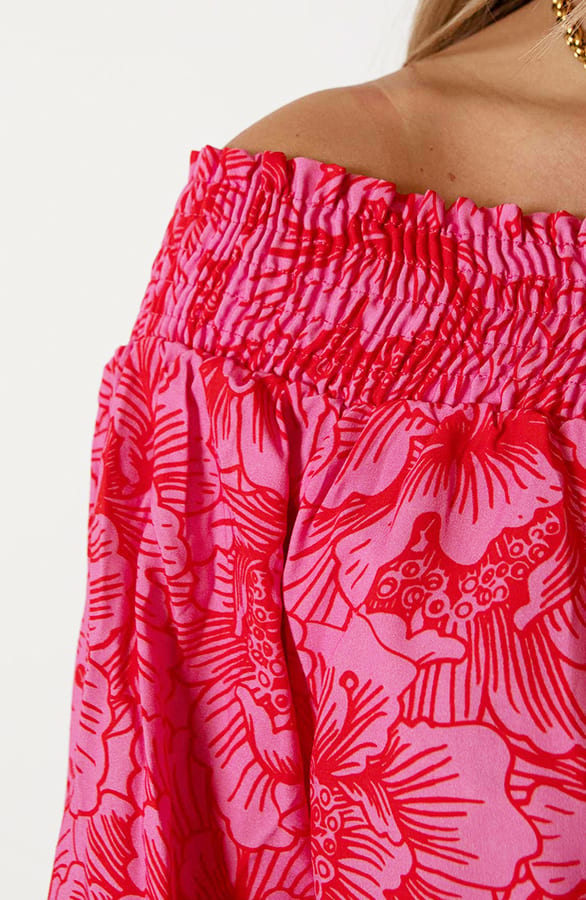 Smocked Offshoulder Bloemen Blouse Nena Roze Rood – shoparchief — foto 6