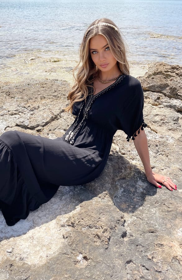 V-hals Lurex Jurk Maxi Maris Zwart – shoparchief