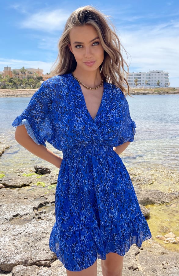 V-hals Print Dress Marrit Kobalt – shoparchief