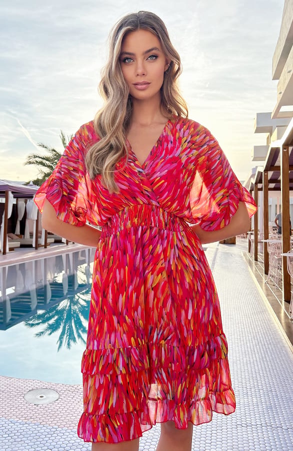V-hals Print Dress Marrit Rood Roze – shoparchief