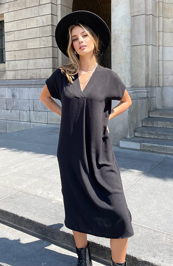 V-hals Midi Jurk Lilly Zwart – shoparchief — foto 3