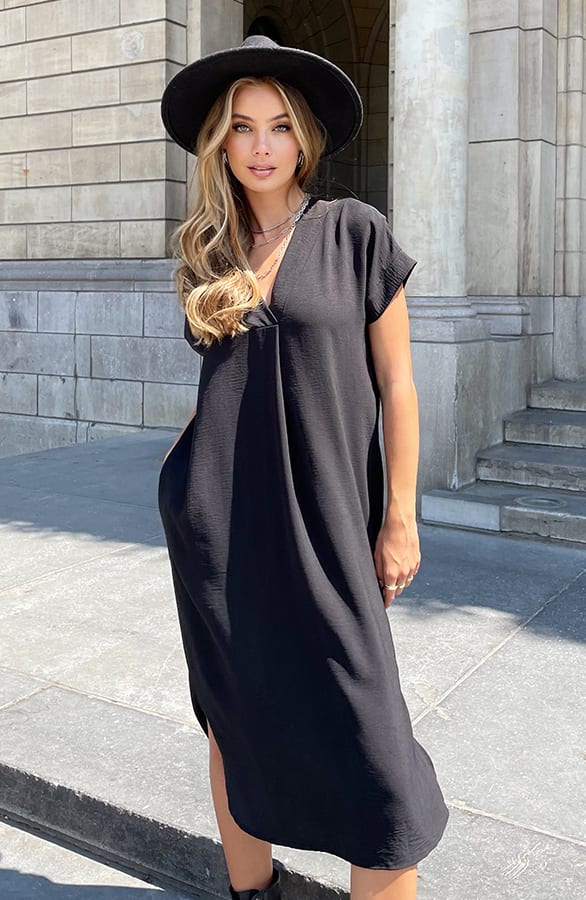 V-hals Midi Jurk Lilly Zwart – shoparchief — foto 2