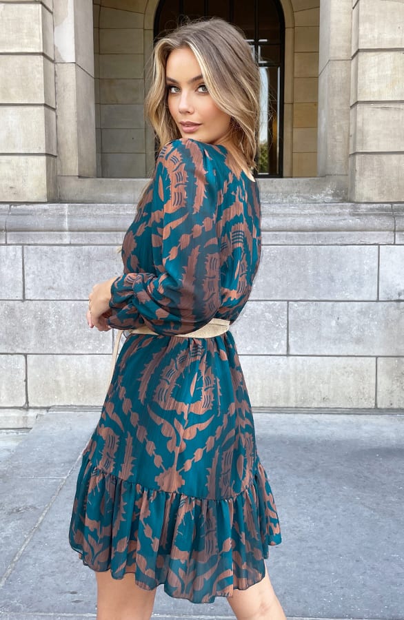 Ruches Print Jurk Rosan Petrol Bruin – shoparchief — foto 4