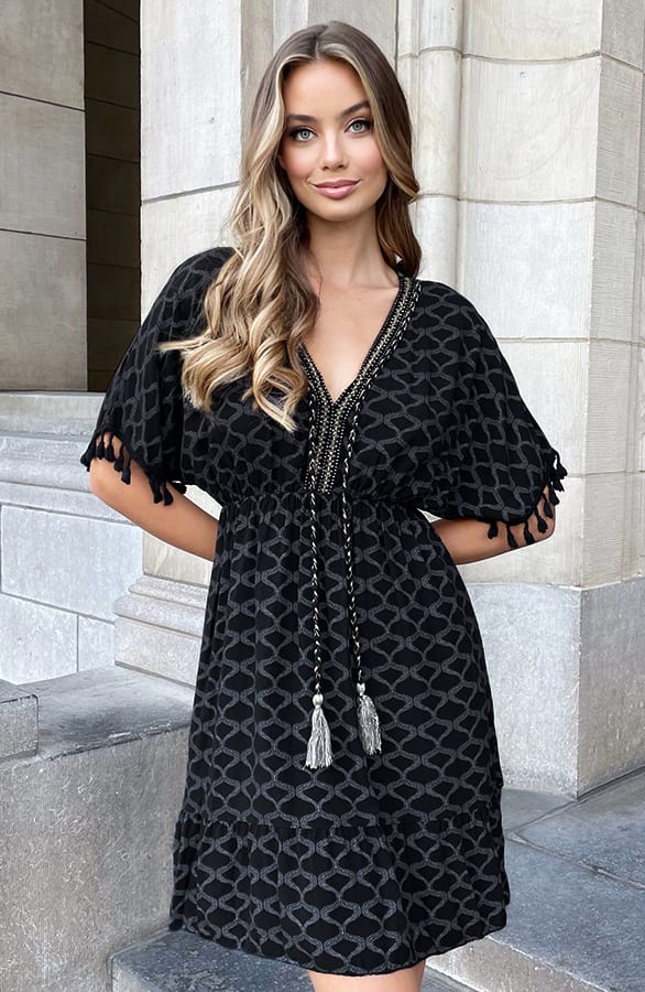 V-hals Lurex Jurk Print Maris Zwart – shoparchief