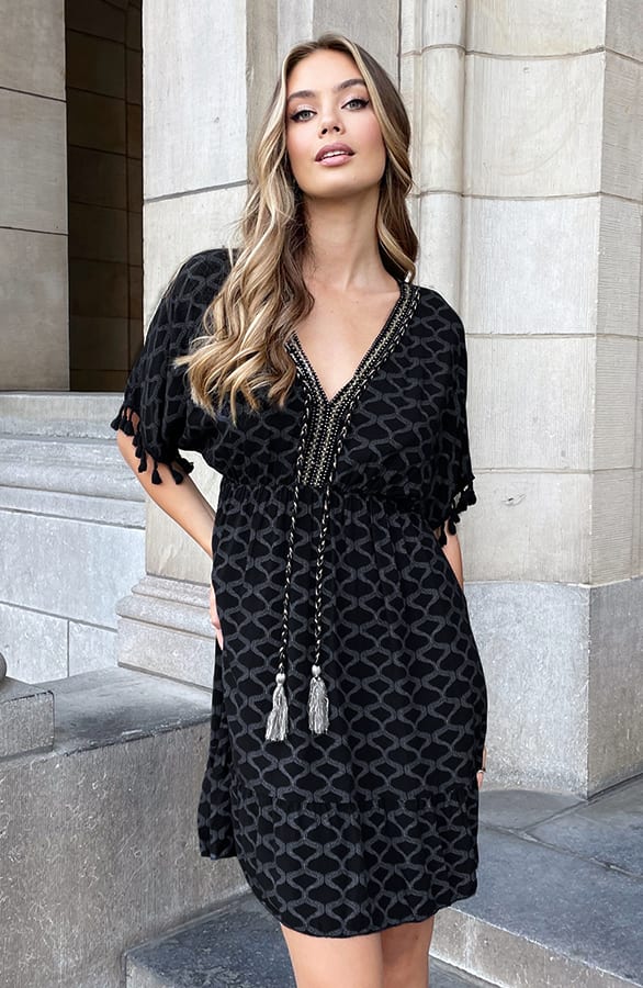 V-hals Lurex Jurk Print Maris Zwart – shoparchief — foto 2