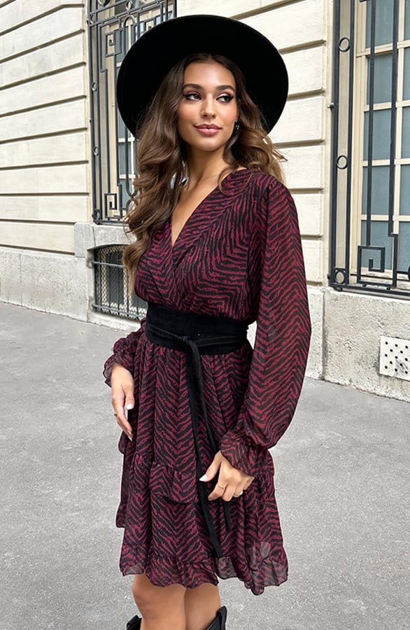 Exclusieve V-hals Print Jurk Anne Bordeaux – shoparchief — foto 2