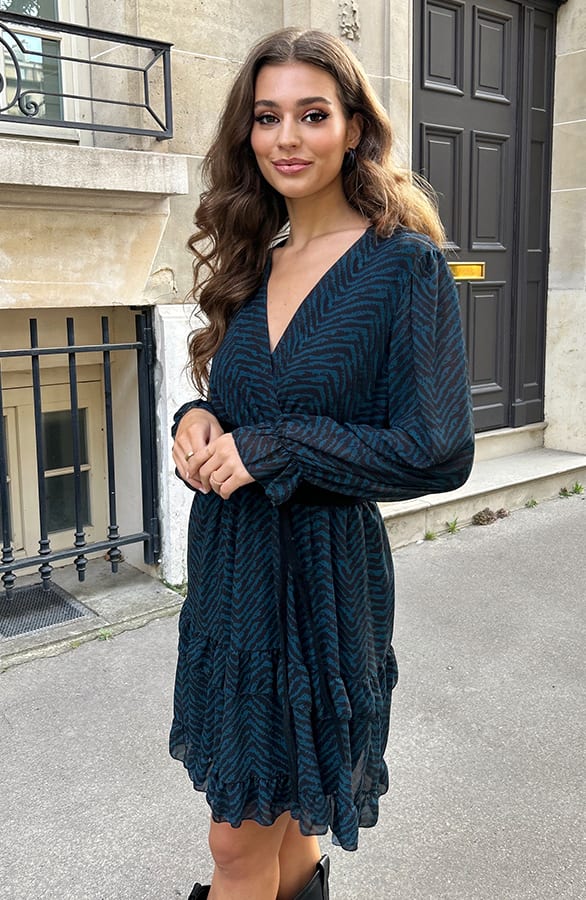 Exclusieve V-Hals Print Jurk Anne Petrol – shoparchief — foto 2