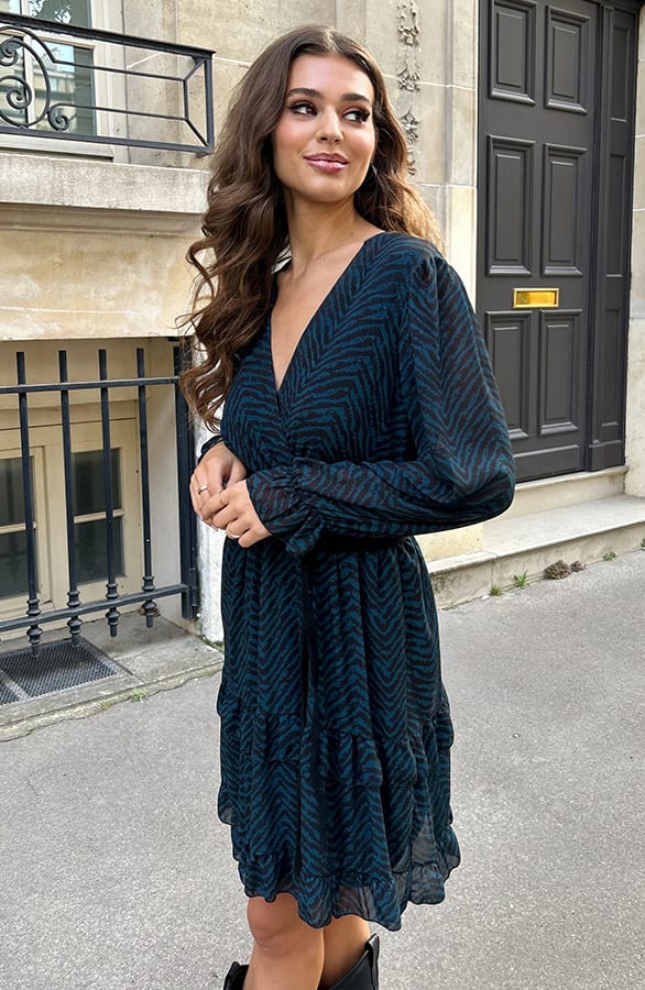 Exclusieve V-Hals Print Jurk Anne Petrol – shoparchief — foto 4