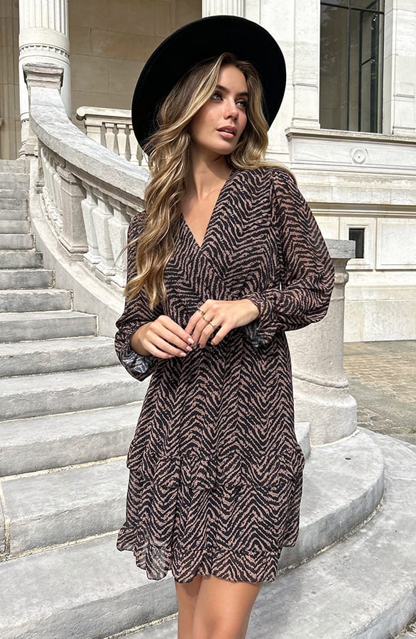 Exclusieve V-Hals Print Jurk Anne Camel – shoparchief — foto 2