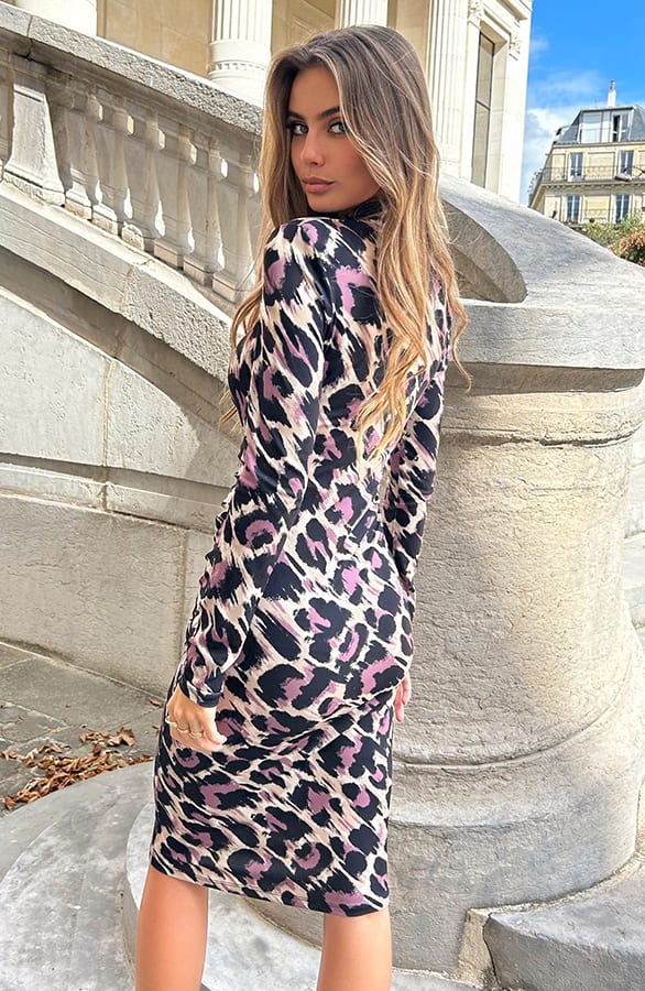 Gedrapeerde Leopard Jurk Zina Mauve – shoparchief — foto 3