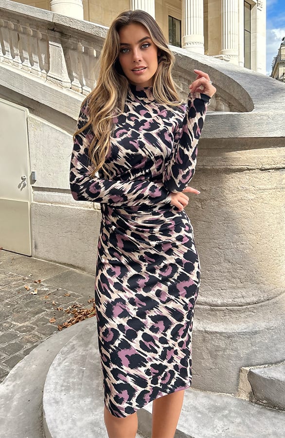 Gedrapeerde Leopard Jurk Zina Mauve – shoparchief — foto 4