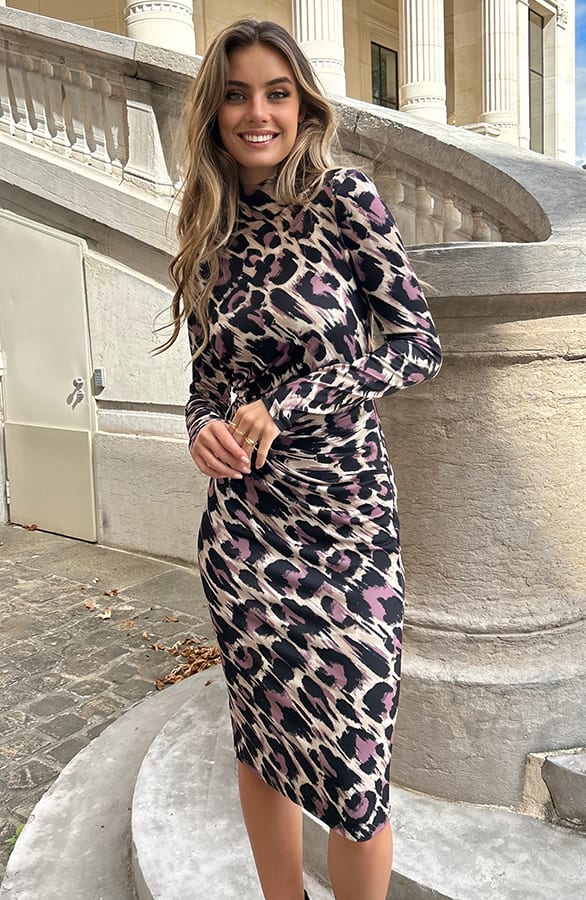Gedrapeerde Leopard Jurk Zina Mauve – shoparchief — foto 5