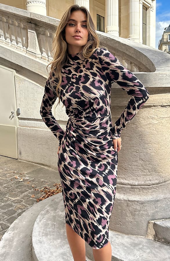 Gedrapeerde Leopard Jurk Zina Mauve – shoparchief