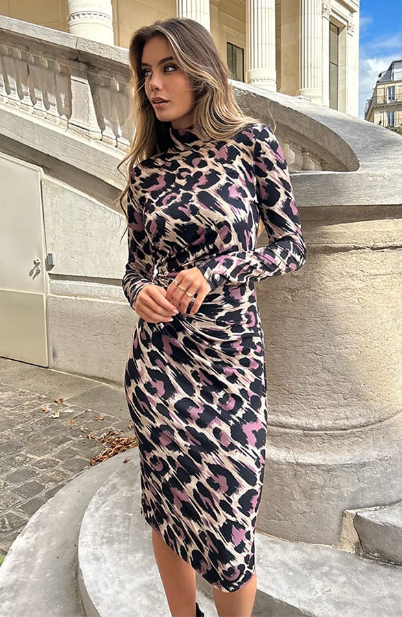 Gedrapeerde Leopard Jurk Zina Mauve – shoparchief — foto 2