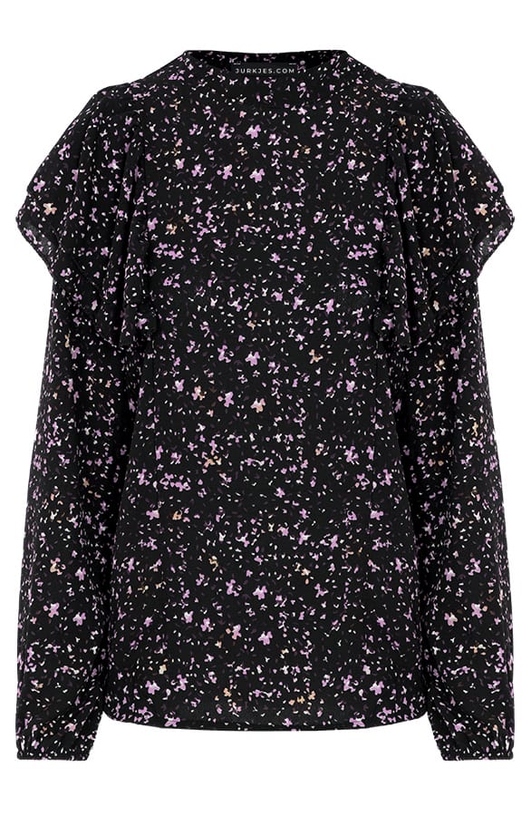 Ruffle Blouse met Print Maddie Zwart Paars – shoparchief