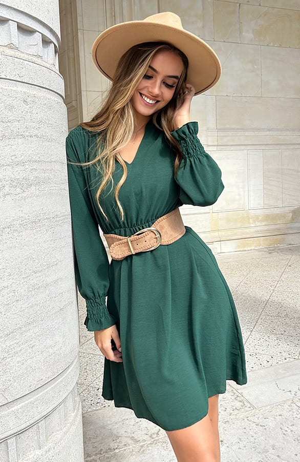 V-hals Jurk Rebecca Smaragd – shoparchief