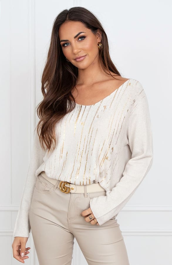 Detailed Metallic Sweater Mieke Light Beige – shoparchief