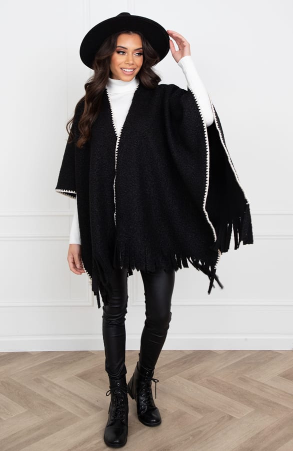 Geweven Poncho Met Detail Angela Zwart – shoparchief