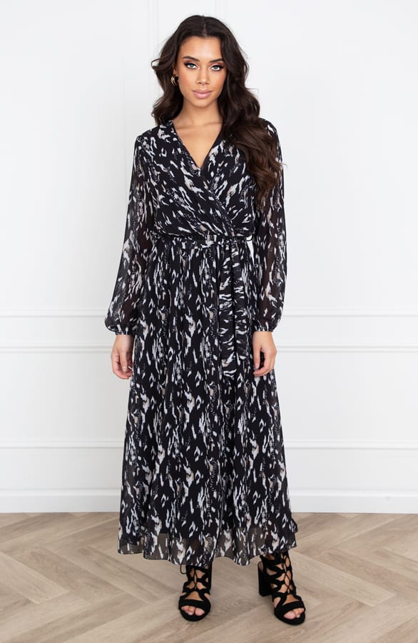 Print Maxi V-hals Jurk Selina Zwart – shoparchief