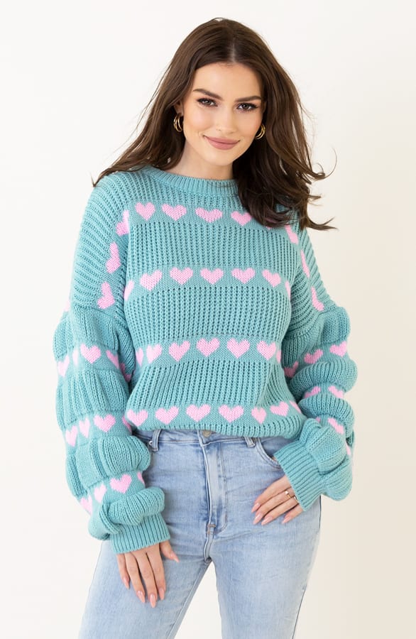 Hartjes Print Sweater Belle Mint Roze – shoparchief