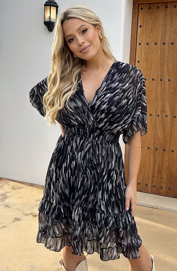 V-hals Print Dress Marrit Zwart – shoparchief