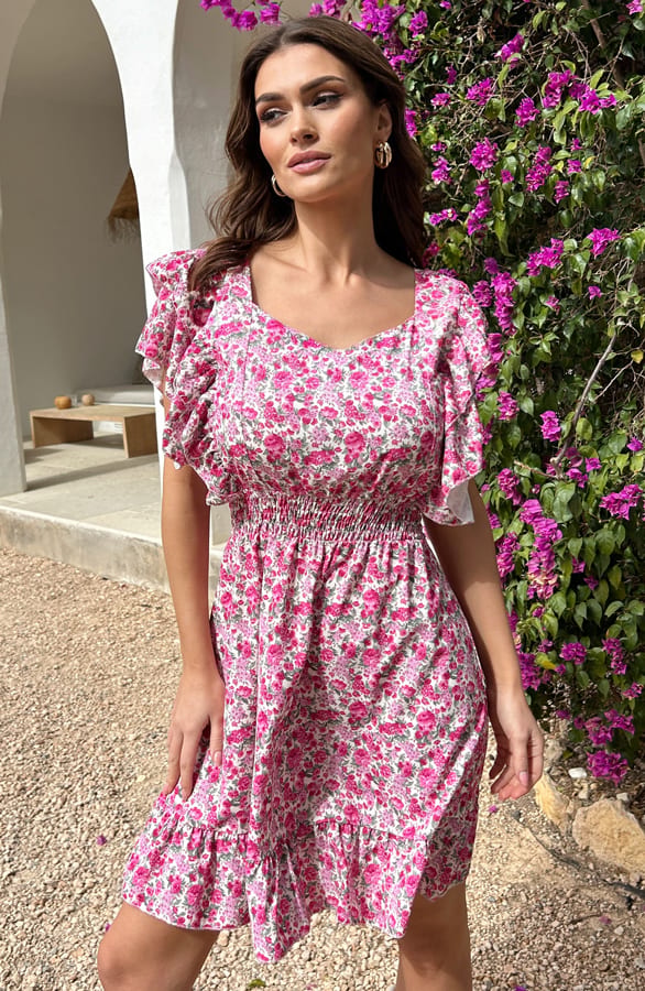 Bloemen Ruffle Jurk Strik Lana Fuchsia – shoparchief — foto 3