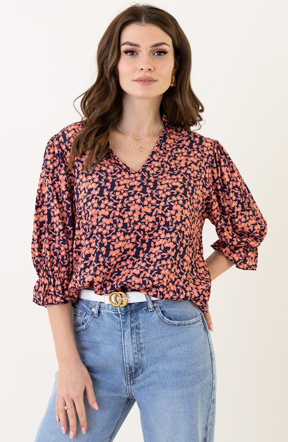 Flower Print Blouse Aimy Marine Oranje – shoparchief — foto 3