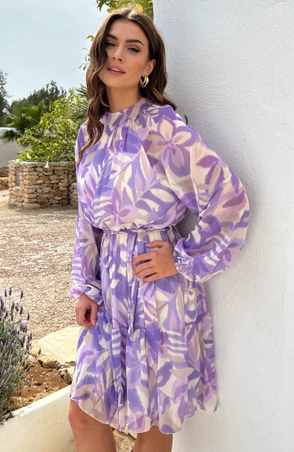 Flower Print Jurk Met Strik Eva Lila – shoparchief